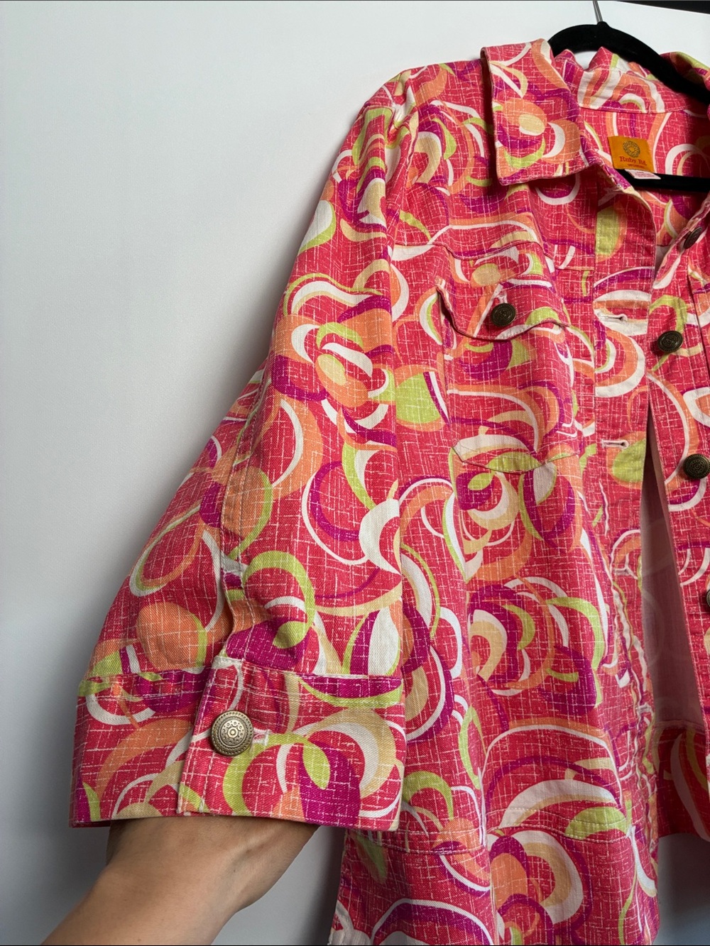 Ruby Rd. Pink Multi-Color Floral Jean Jacket 3/4 Sleeve - Picture 4 of 8